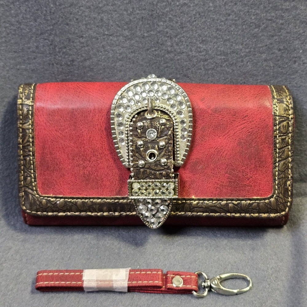 American Bling‎ Western Buckle Wristlet Wallet Red Brown Bling
